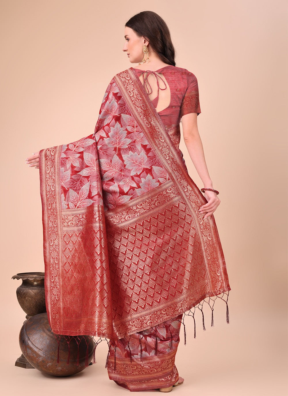 Floral Printed Cotton Red Contemporary Saree S15123