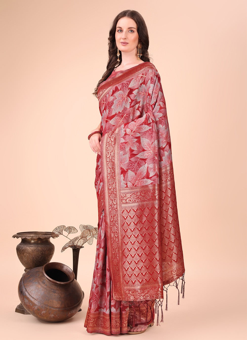 Floral Printed Cotton Red Contemporary Saree S15123