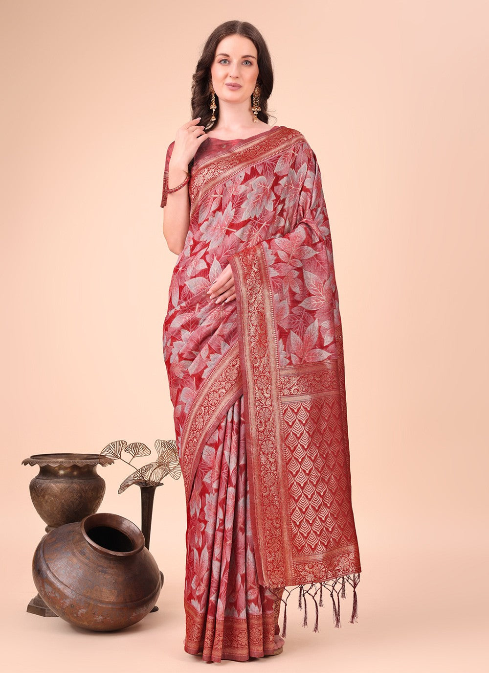 Floral Printed Cotton Red Contemporary Saree S15123