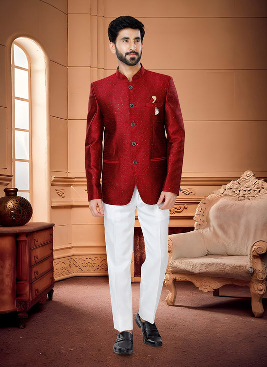 Woven Jacquard Red Jodhpuri Suit - M4336