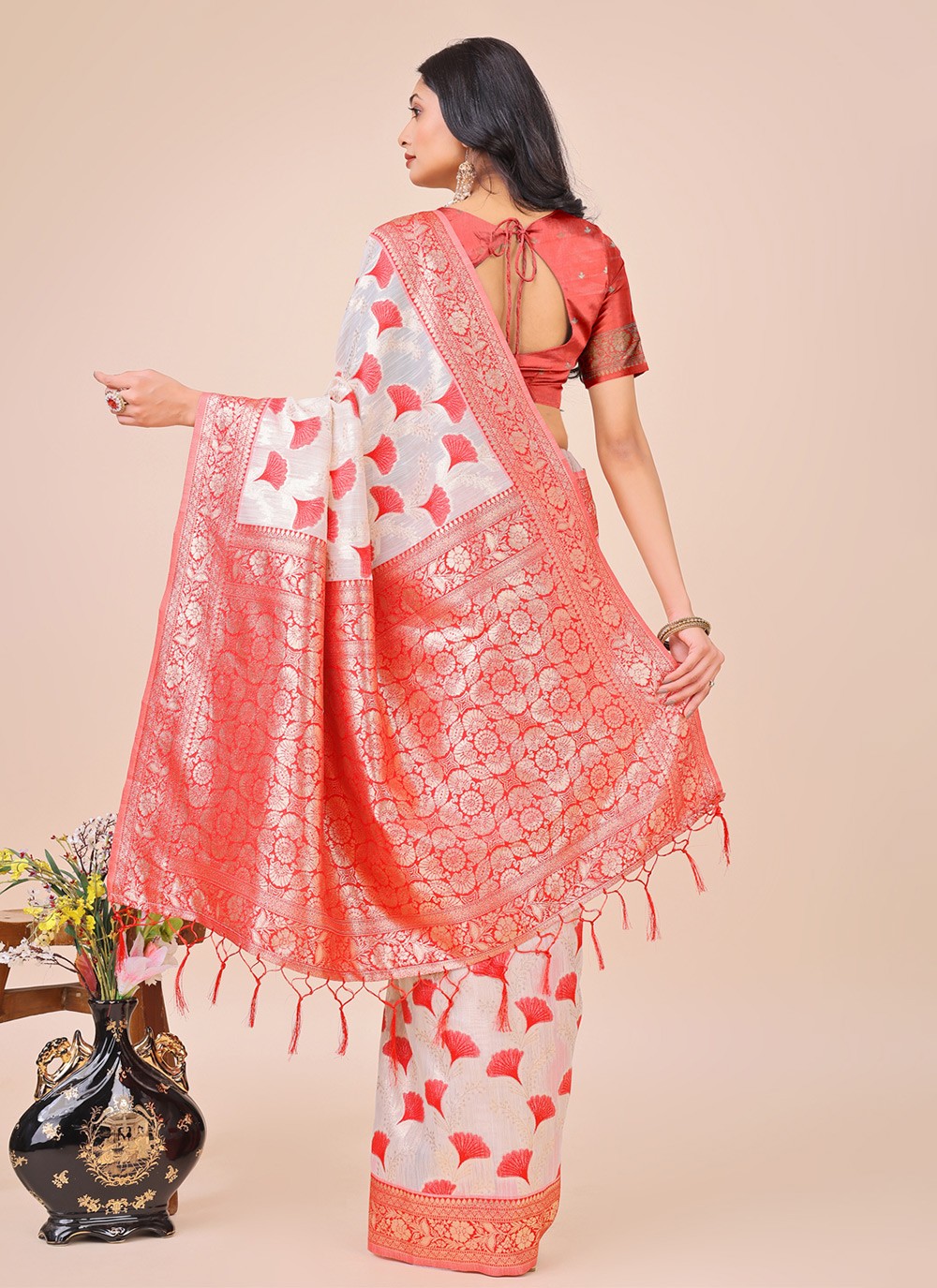 Woven Cotton Red Contemporary Saree S15153