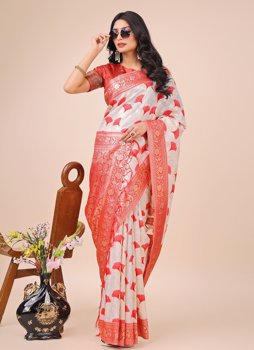 Woven Cotton Red Contemporary Saree S15153