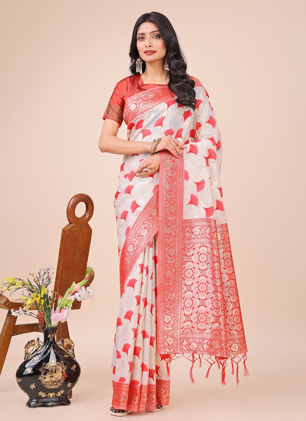 Woven Cotton Red Contemporary Saree S15153