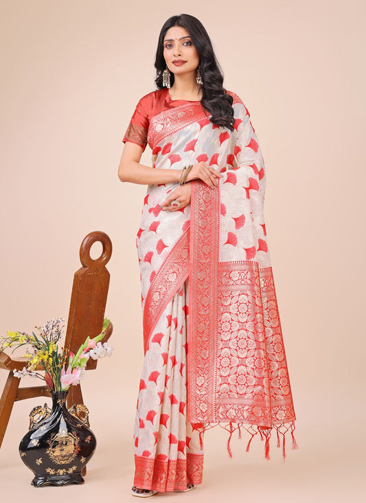 Woven Cotton Red Contemporary Saree S15153