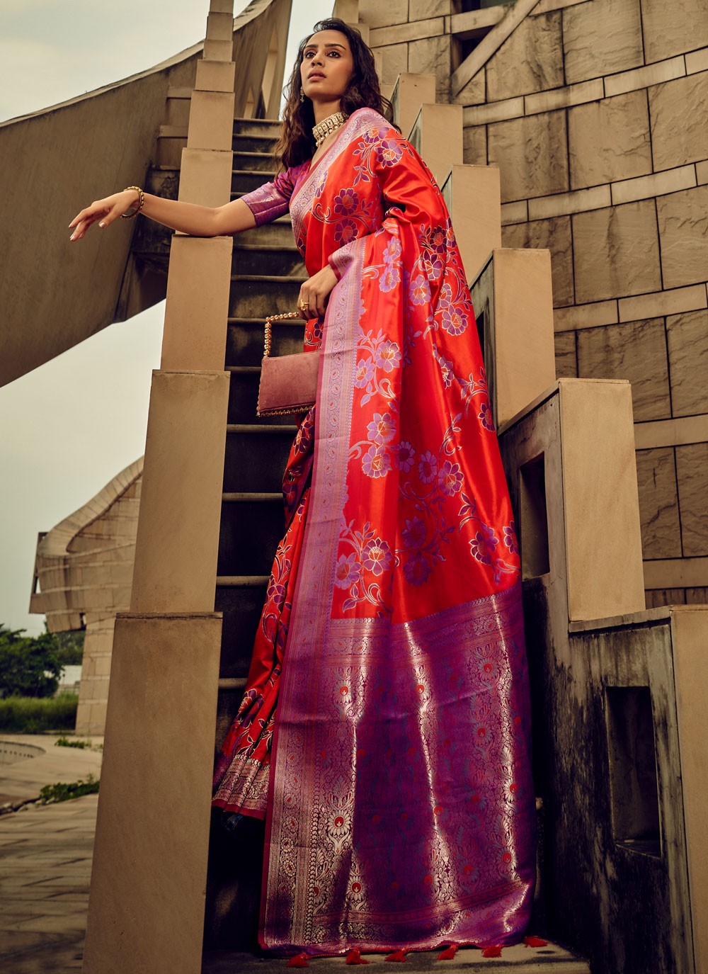 Trendy Digital Print Brasso, Satin Saree - S5589