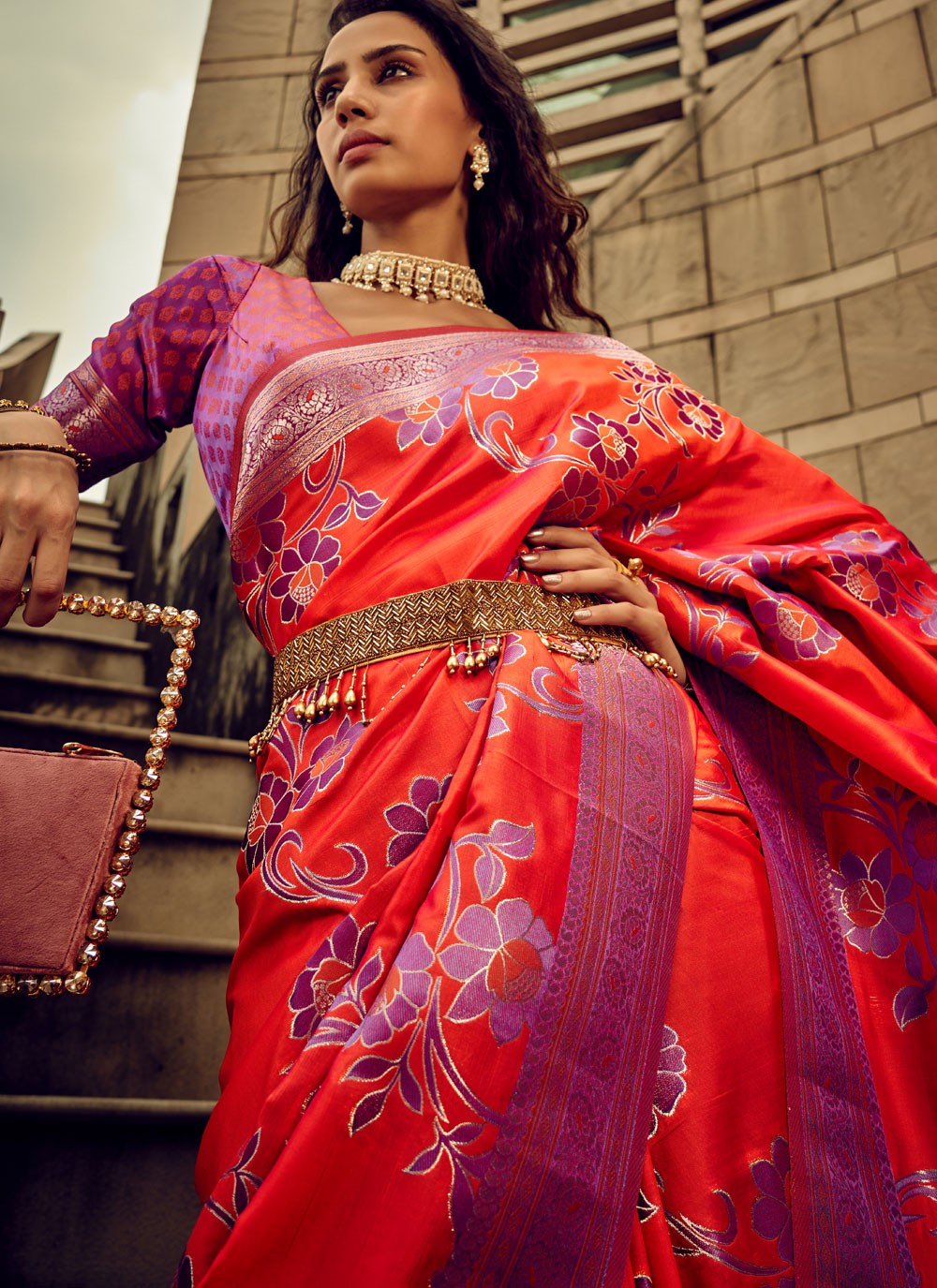 Trendy Digital Print Brasso, Satin Saree - S5589