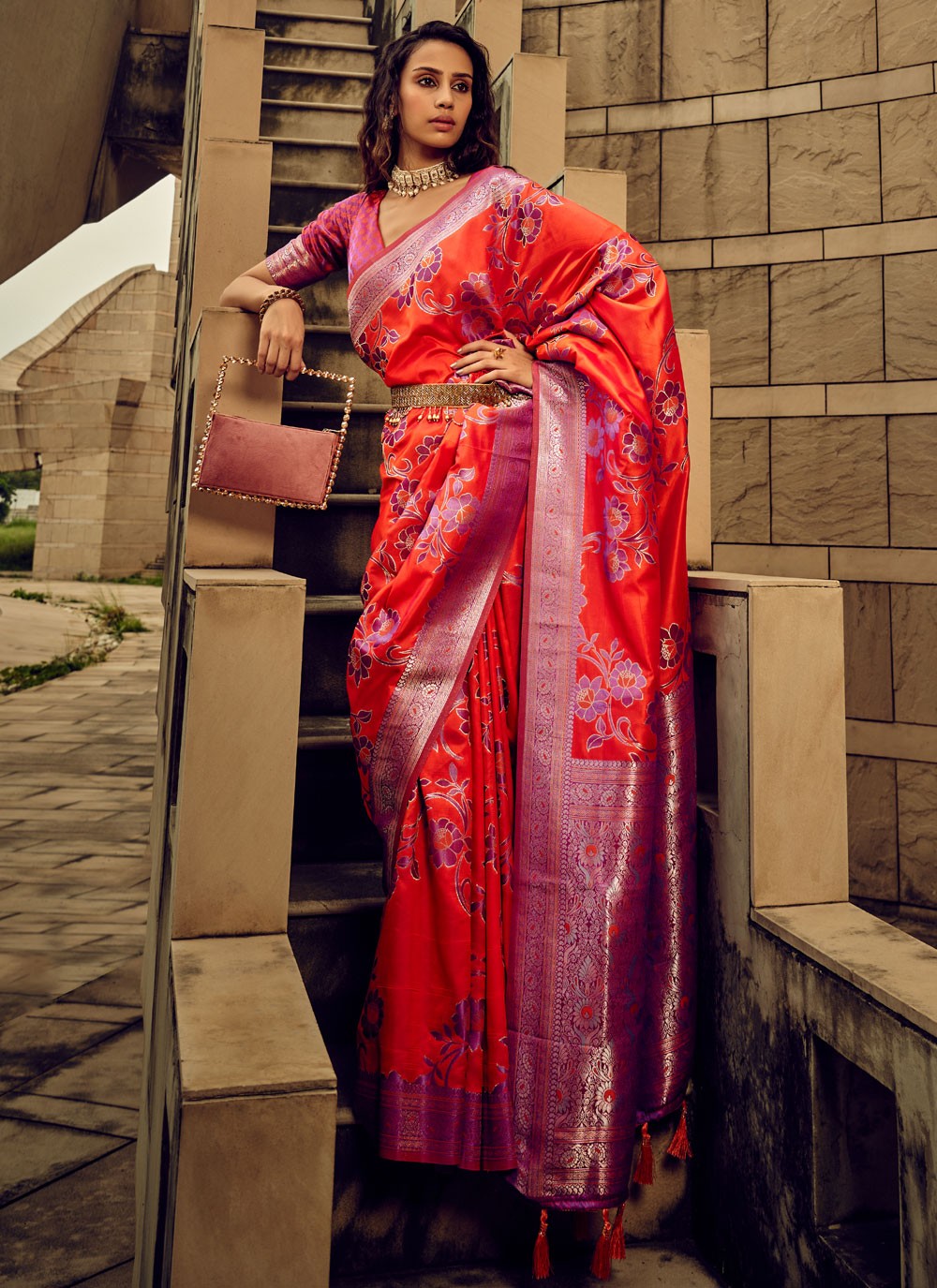 Trendy Digital Print Brasso, Satin Saree - S5589