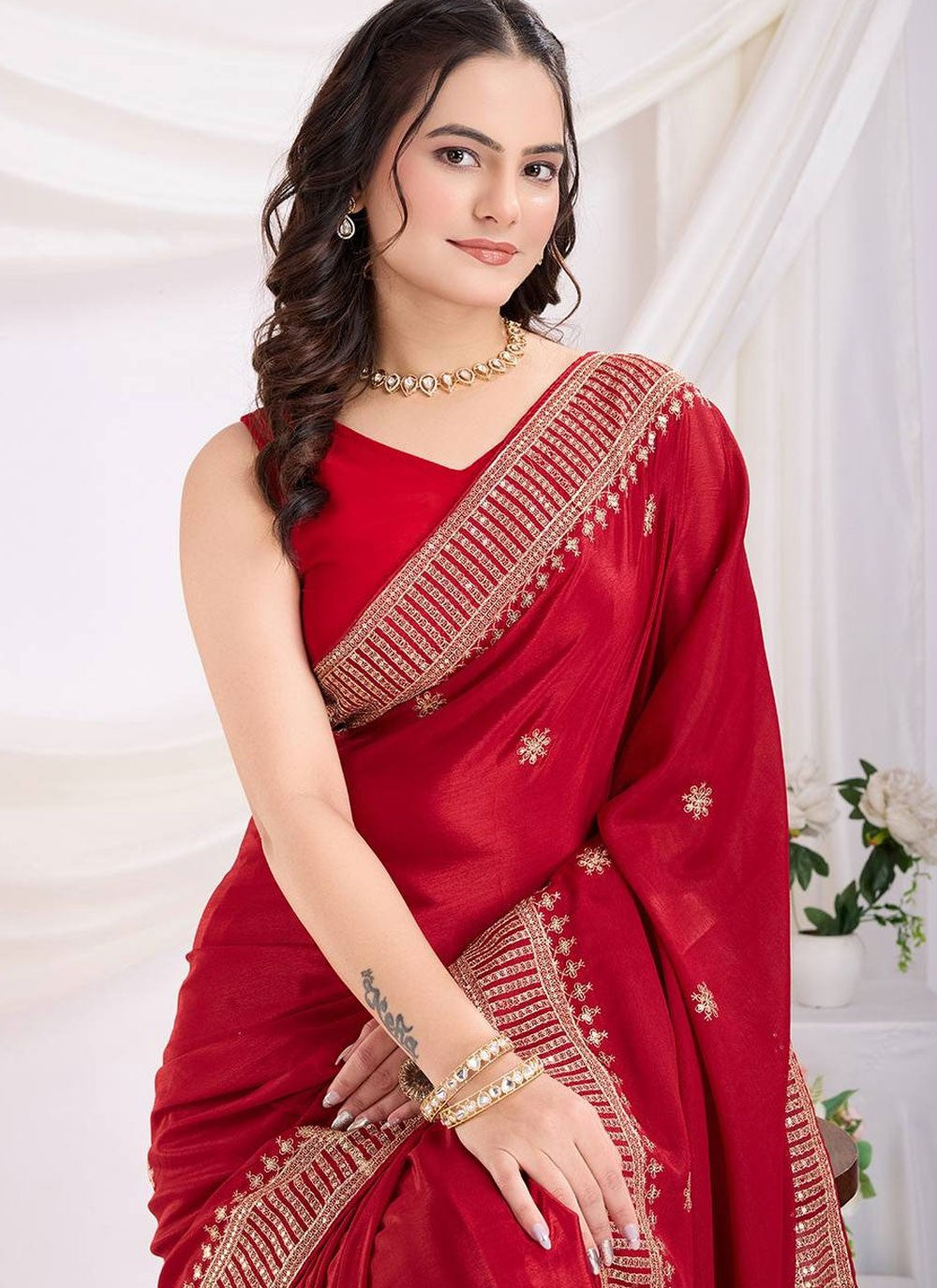 Trendy Saree Border Work Red Silk S12960