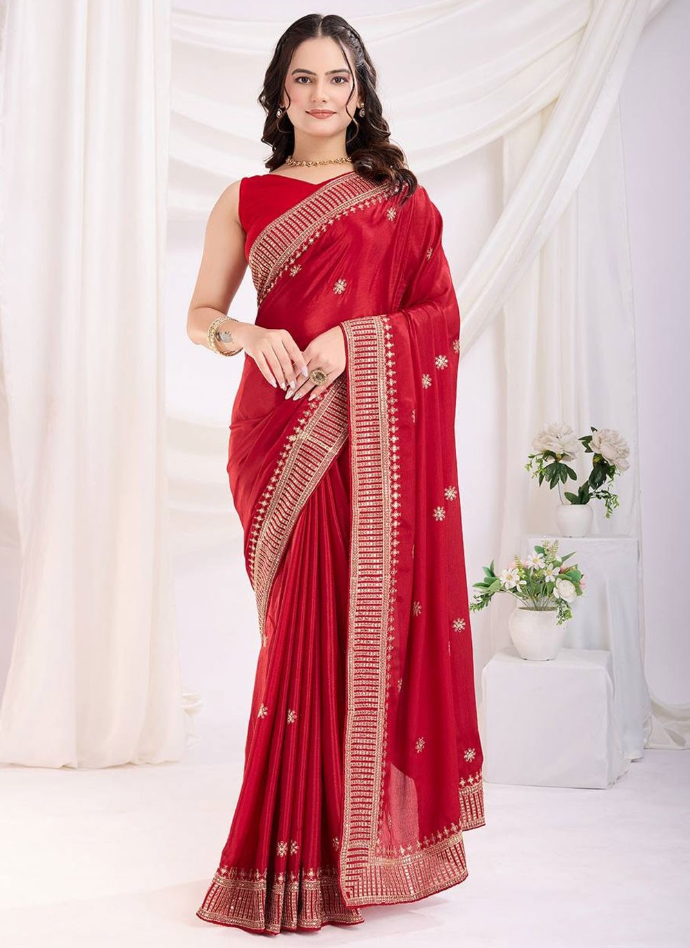 Trendy Saree Border Work Red Silk Saree S12960
