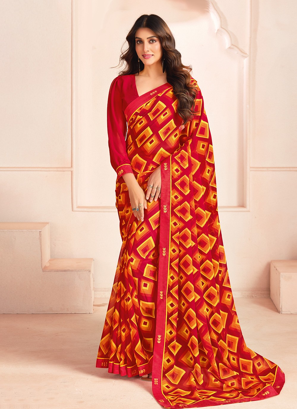 Digital Print Georgette Red Trendy Saree S15283