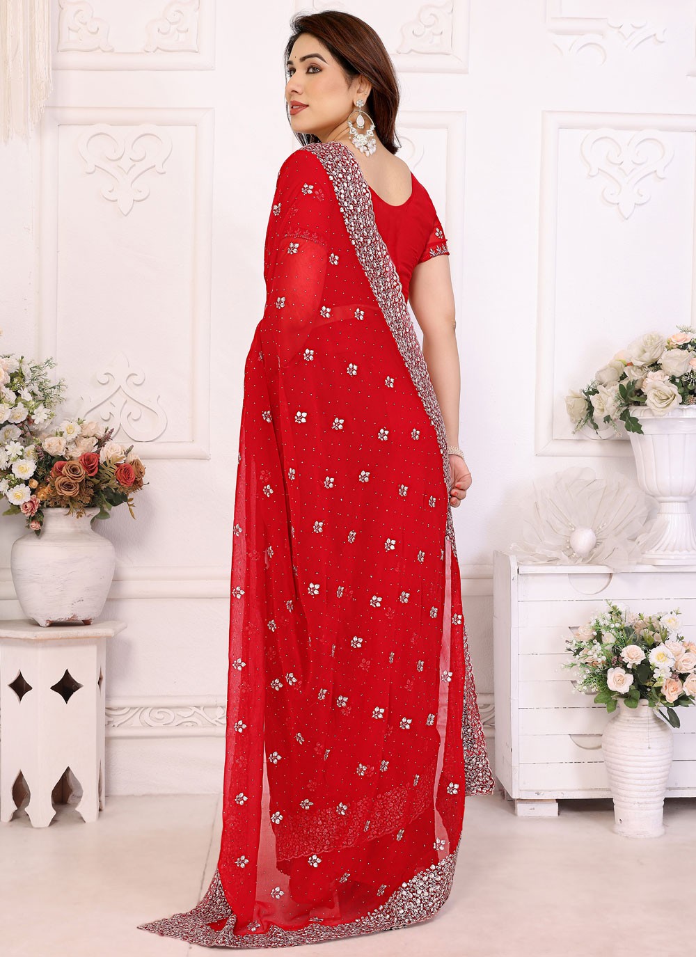 Embroidered Georgette Red Traditional Saree S14992
