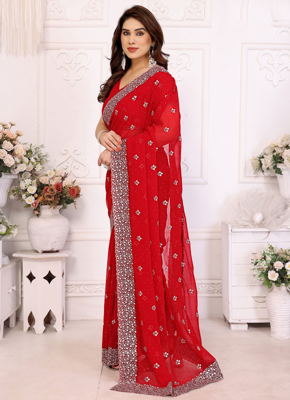 Embroidered Georgette Red Traditional Saree S14992