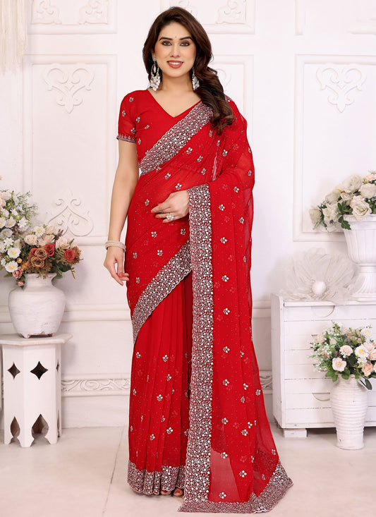 Embroidered Georgette Red Traditional Saree S14992