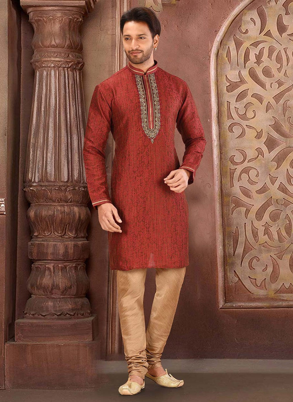 Zardosi Jamawar Red Kurta Pyjama - M2742