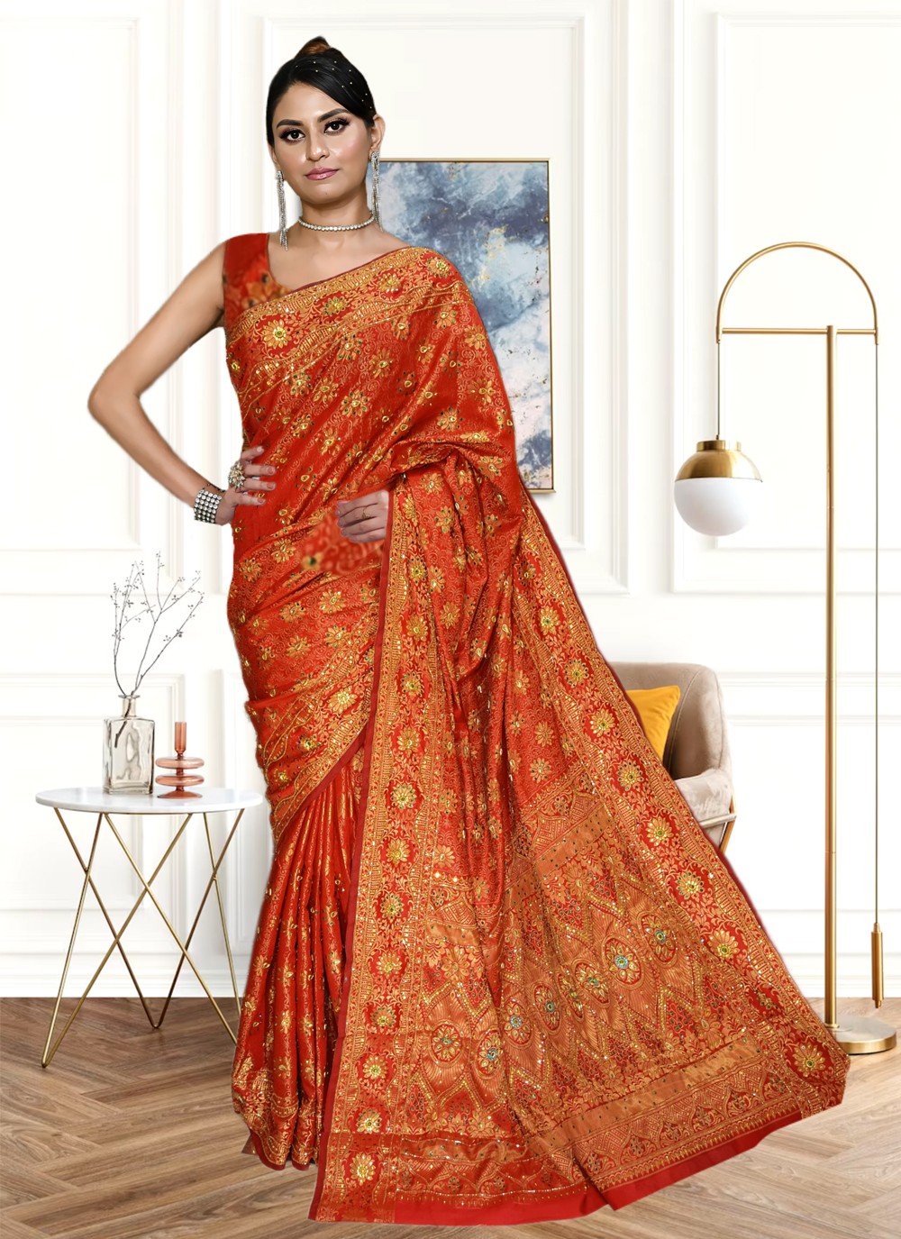 Trendy Hand Embroidery Kanjivaram Silk Saree - S4103