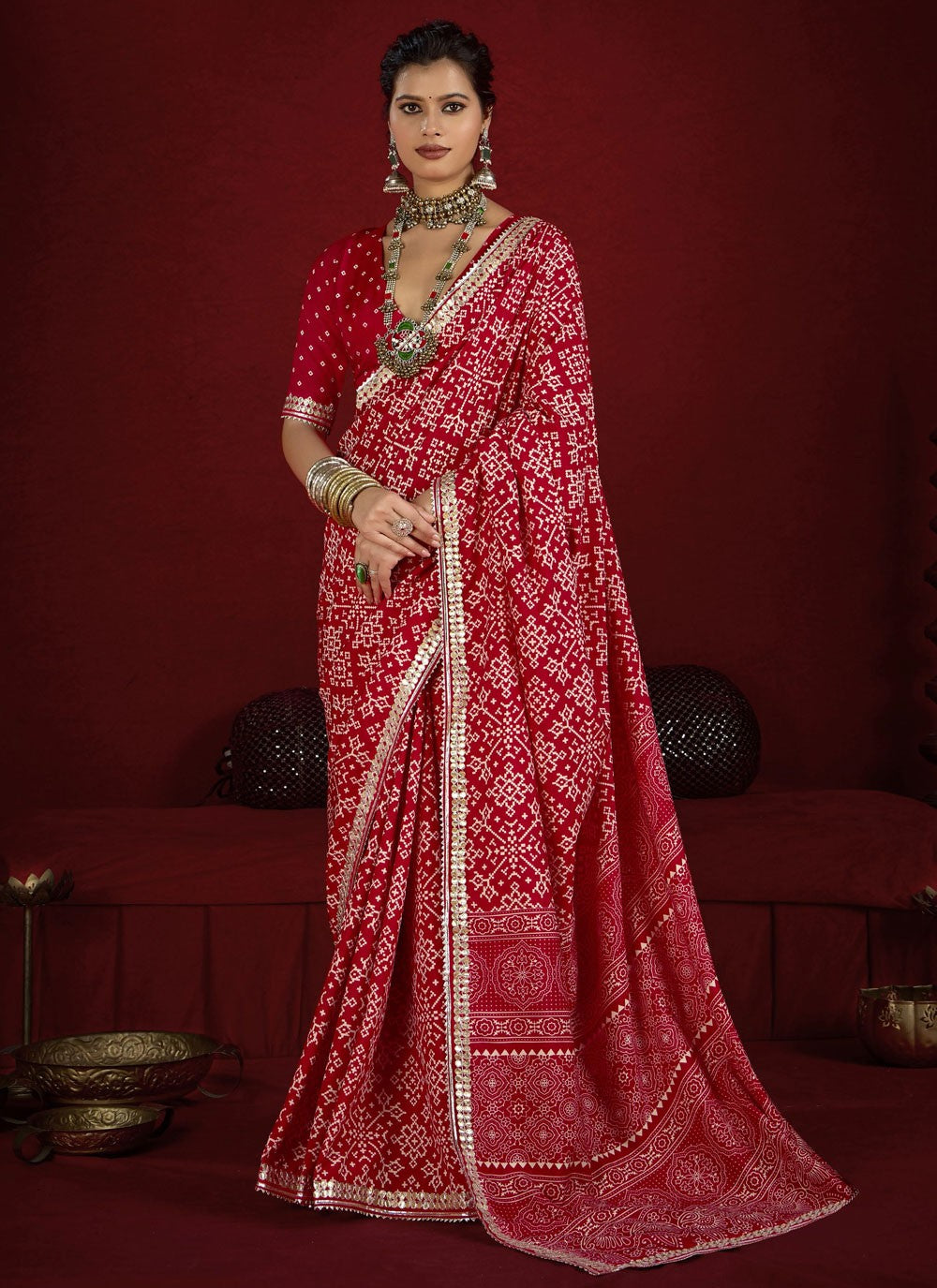Red Silk Contemporary Saree Border Work, Lace, Printed S17117