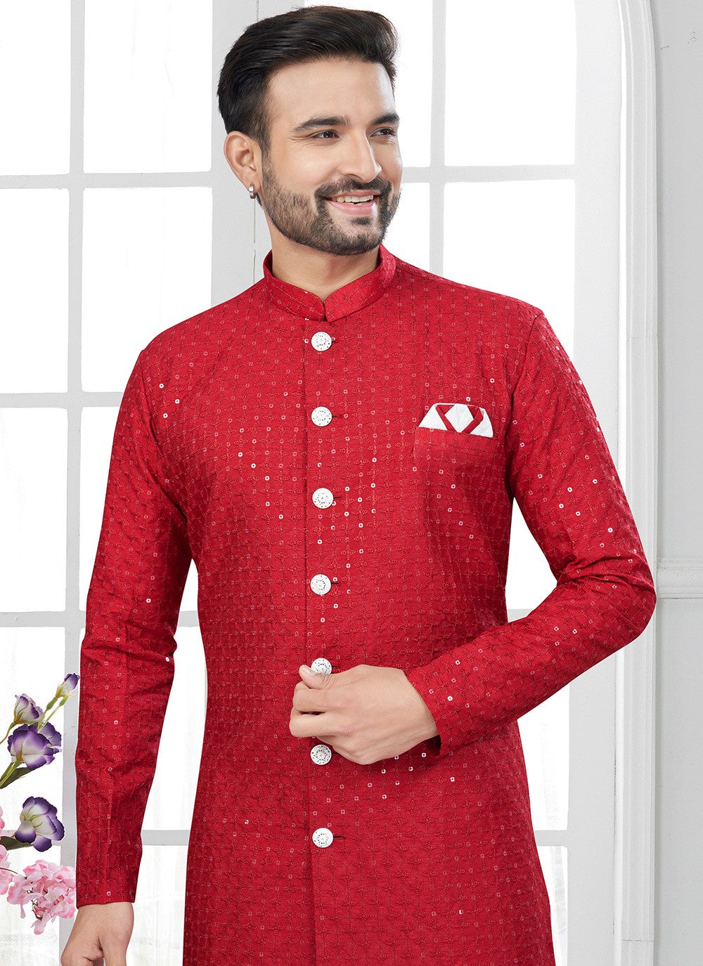Chikankari Work Lucknowi, Rayon Red Indo Western Sherwani - M8634