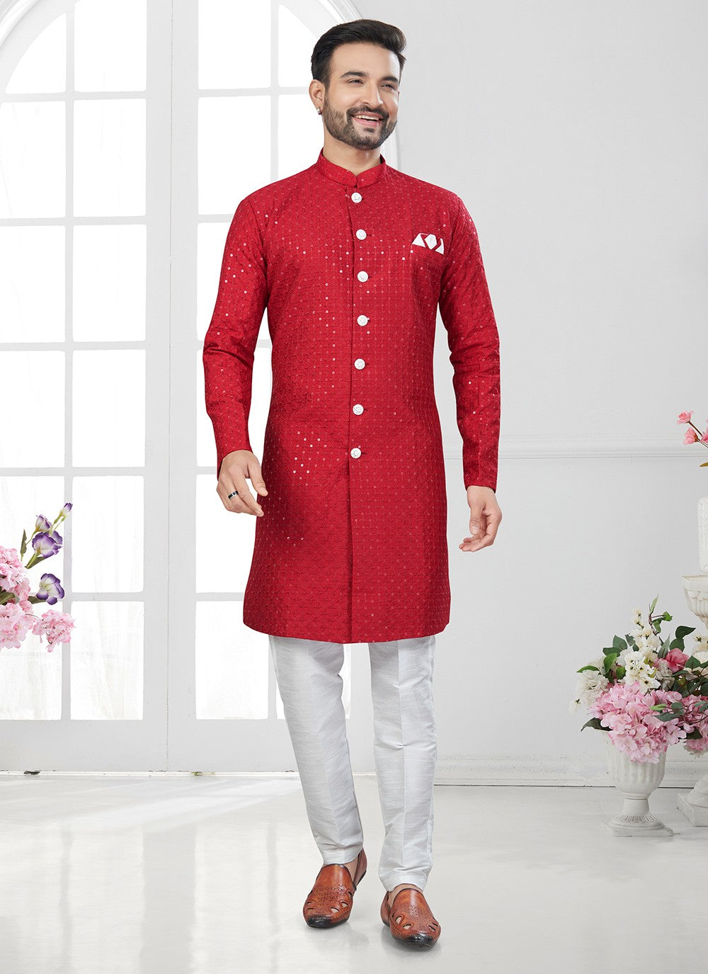 Chikankari Work Lucknowi, Rayon Red Indo Western Sherwani - M8634
