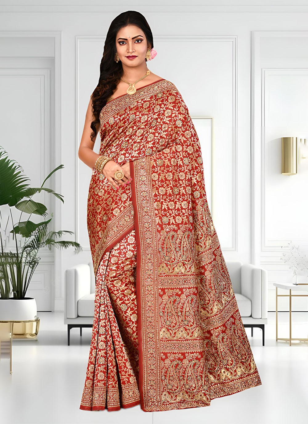 Classic Hand Embroidery Brasso Saree - S4738