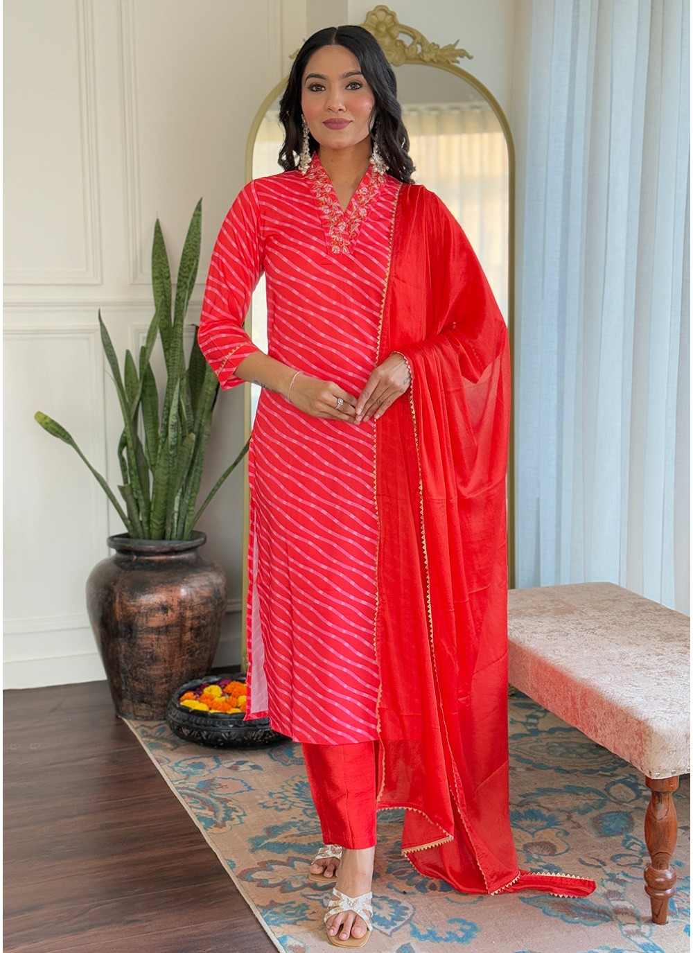 Embroidered Muslin Red Salwar Suit T6031