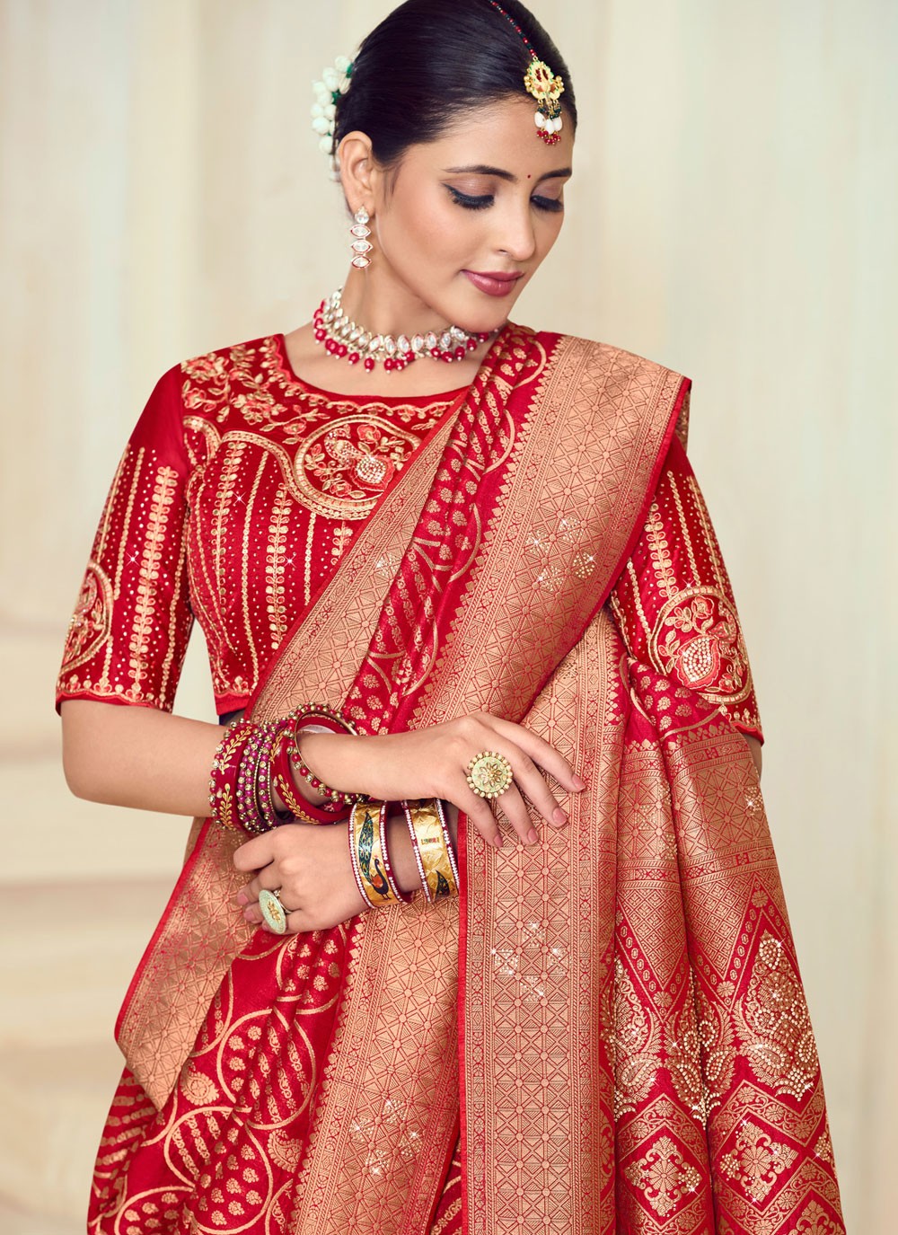 Trendy Saree Cut Work Red Silk S12724