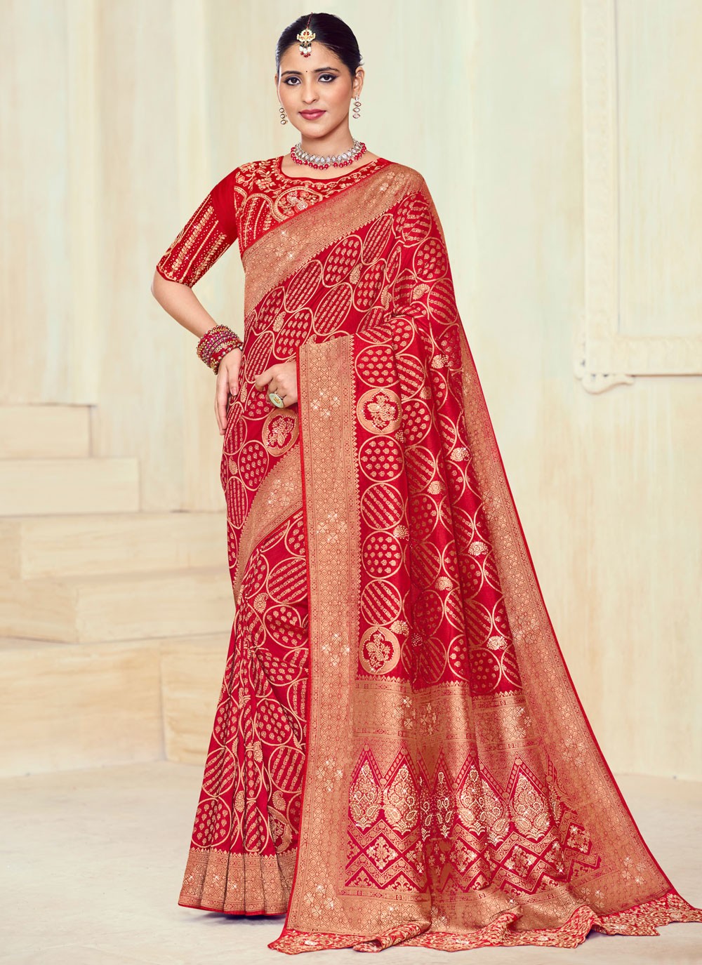 Trendy Saree Cut Work Red Silk Saree S12724