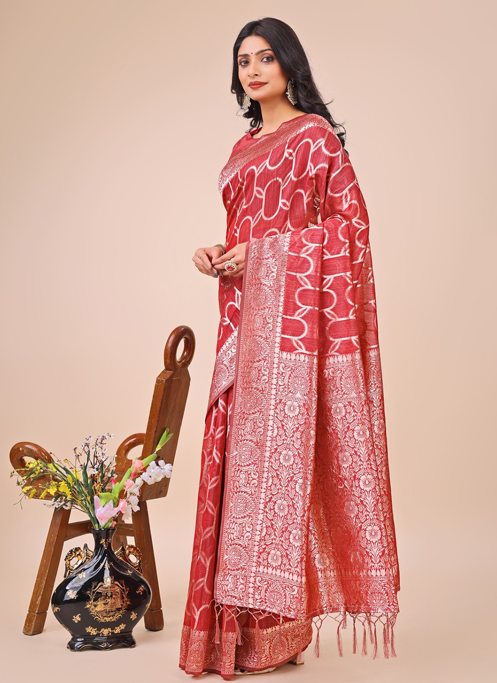 Woven Cotton Red Trendy Saree S15141