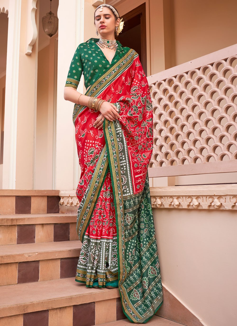 Designer Printed Red Silk S12786