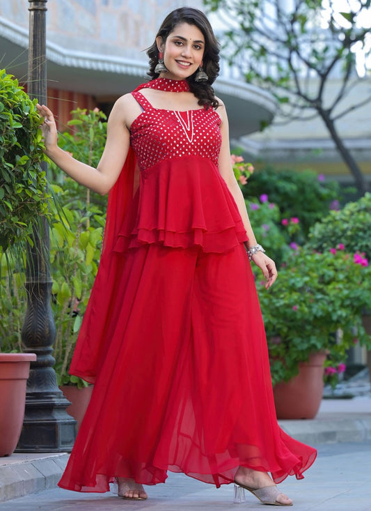 Salwar Suit Fancy Work Red Georgette T5797