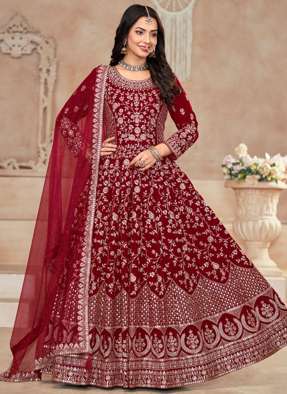 Salwar Suit Embroidered Red Velvet T5358