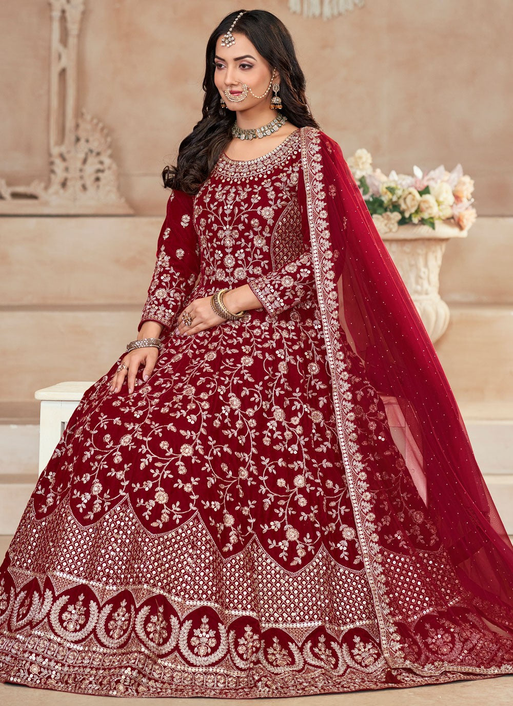 Salwar Suit Embroidered Red Velvet T5358