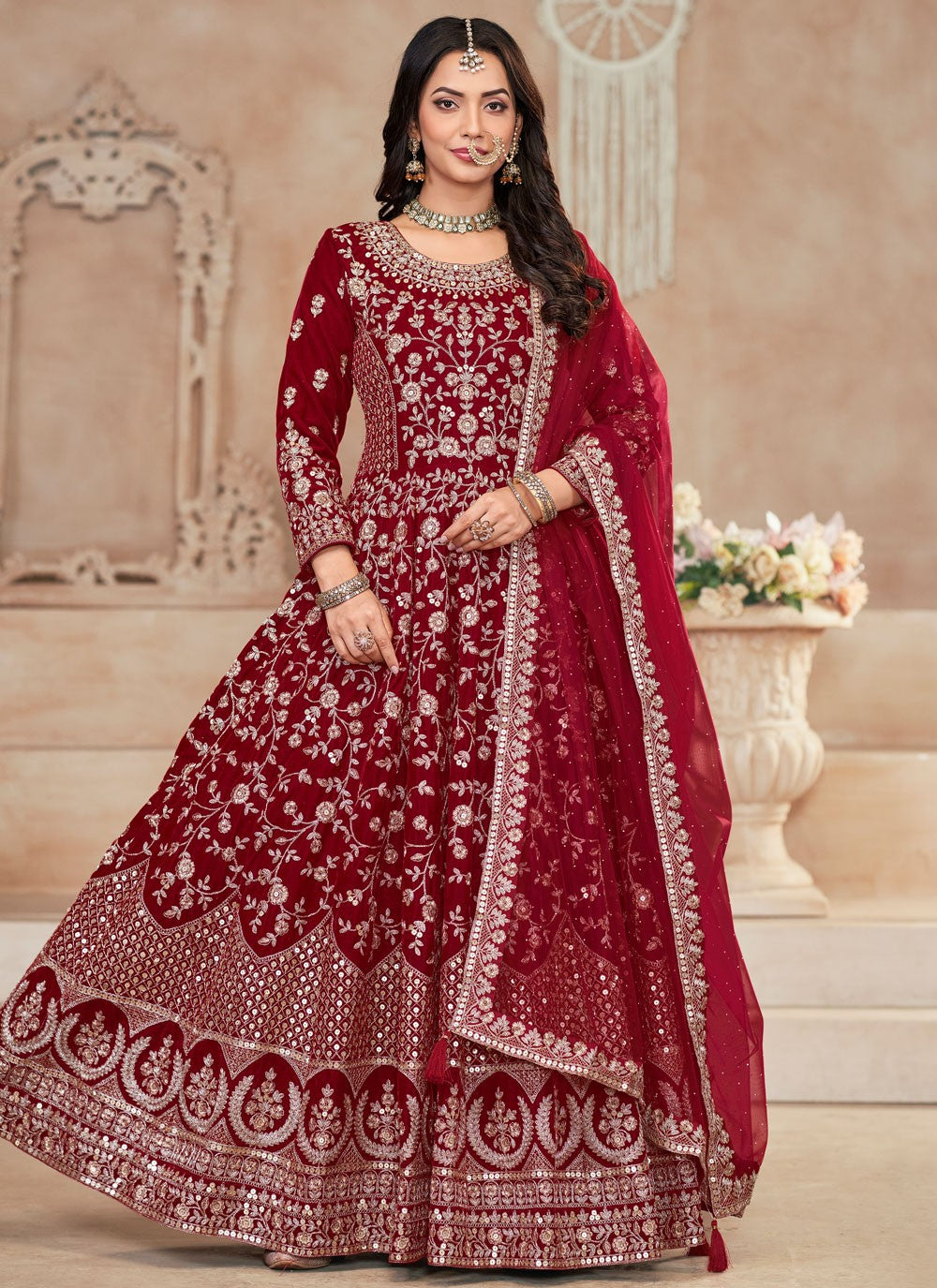 Salwar Suit Embroidered Red Velvet T5358