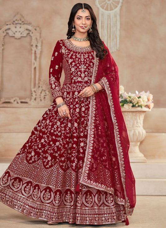 Salwar Suit Embroidered Red Velvet T5358