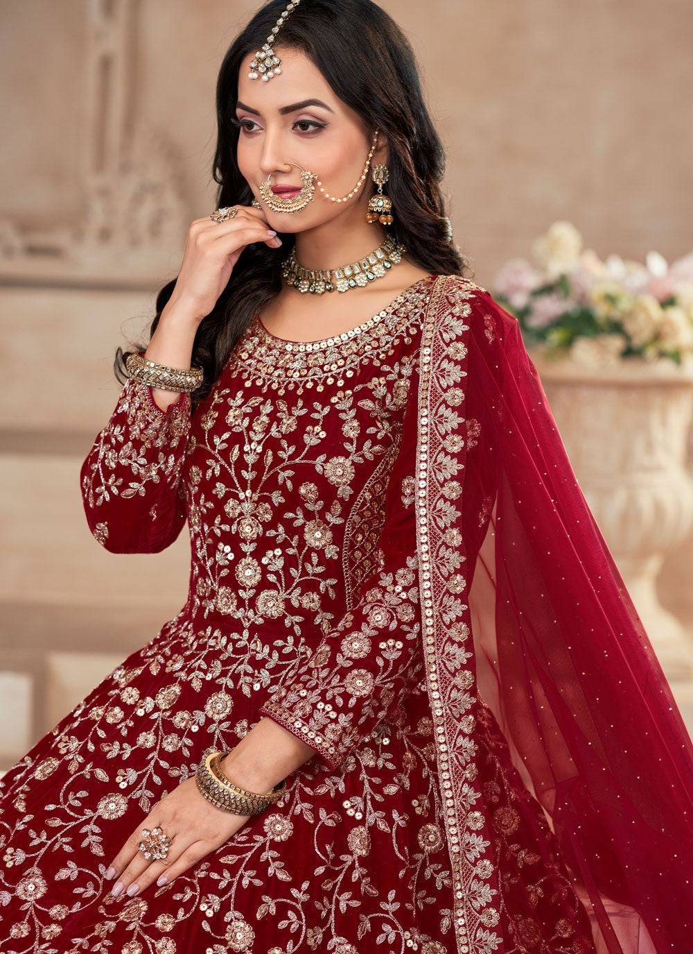 Salwar Suit Embroidered Red Velvet T5358