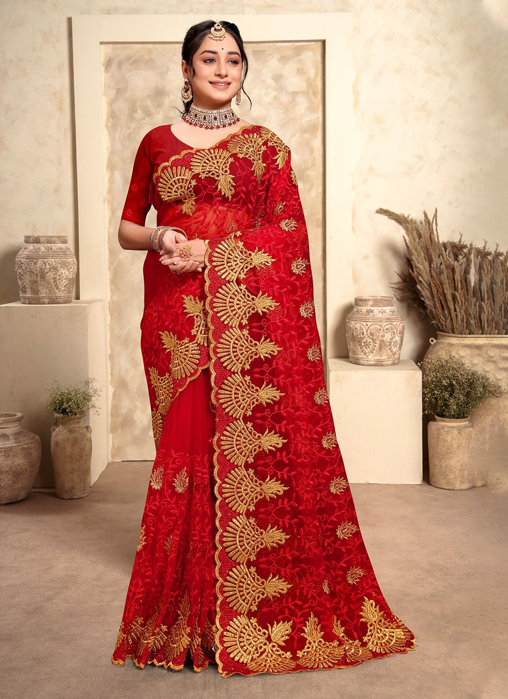Trendy Embroidered Net Saree - S4963