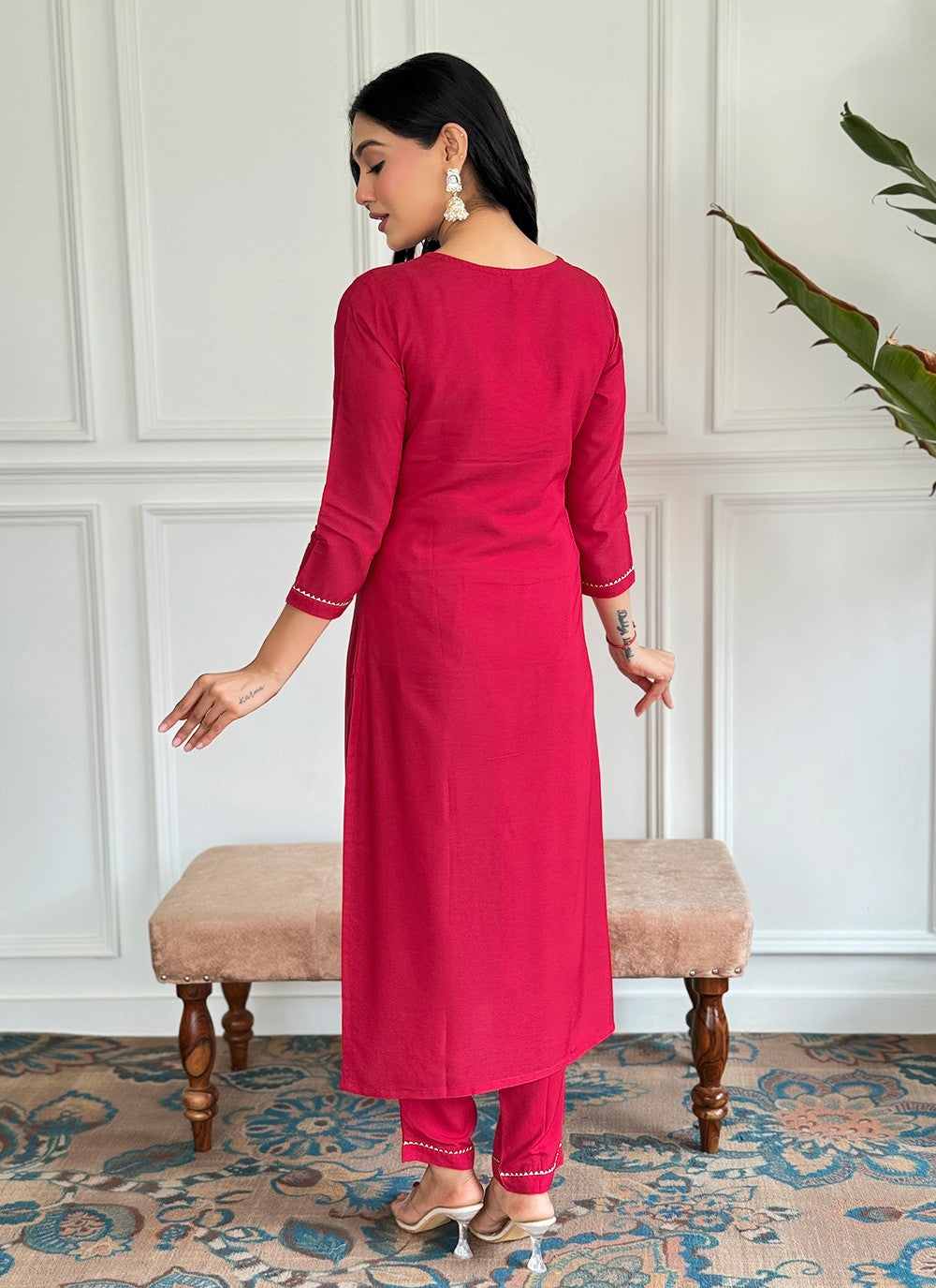Salwar Suit Embroidered Red Rayon T5017