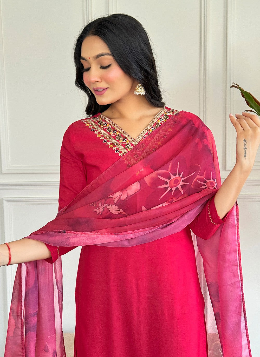 Salwar Suit Embroidered Red Rayon T5017