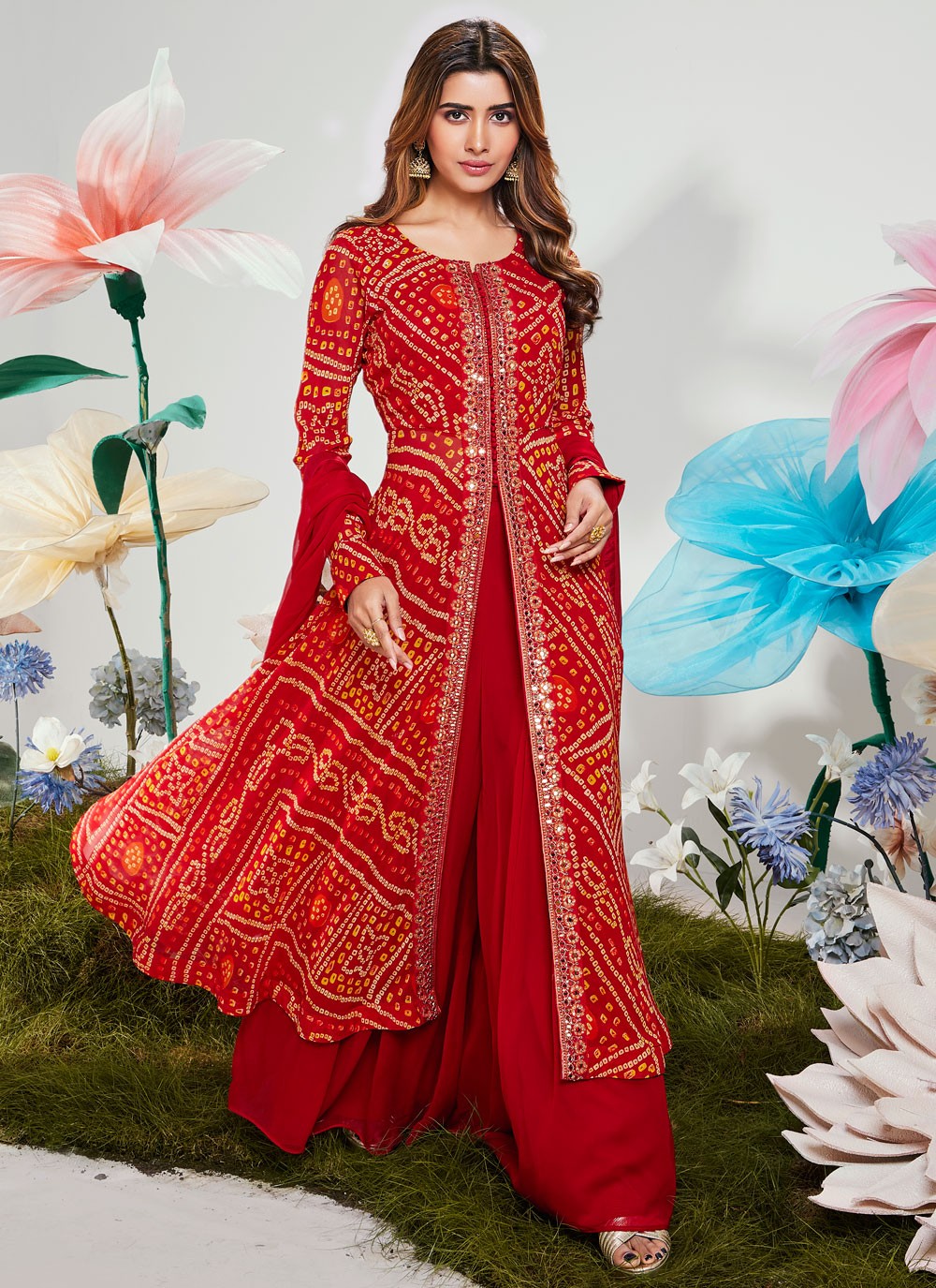 Salwar Suit Embroidered Red Georgette T5064