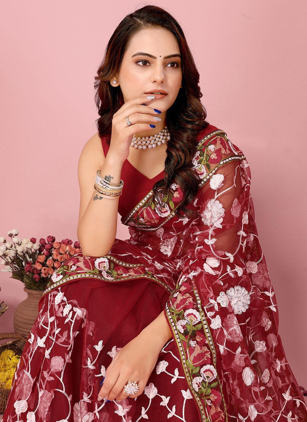 Classic Embroidered Net Saree - S6732