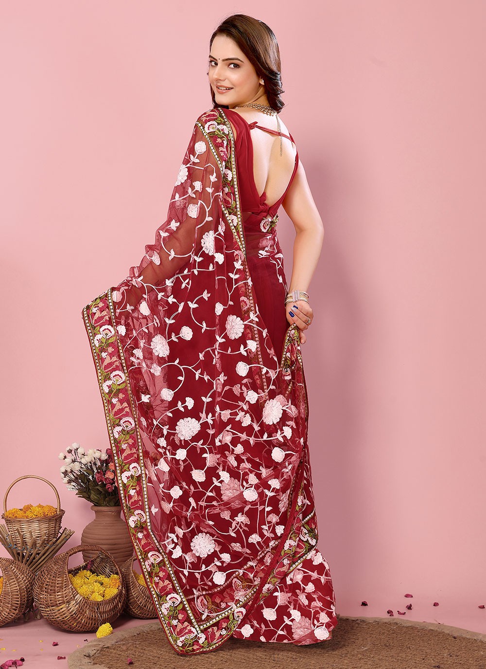 Classic Embroidered Net Saree - S6732