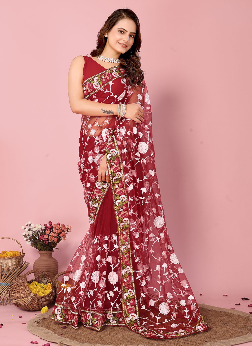 Classic Embroidered Net Saree - S6732
