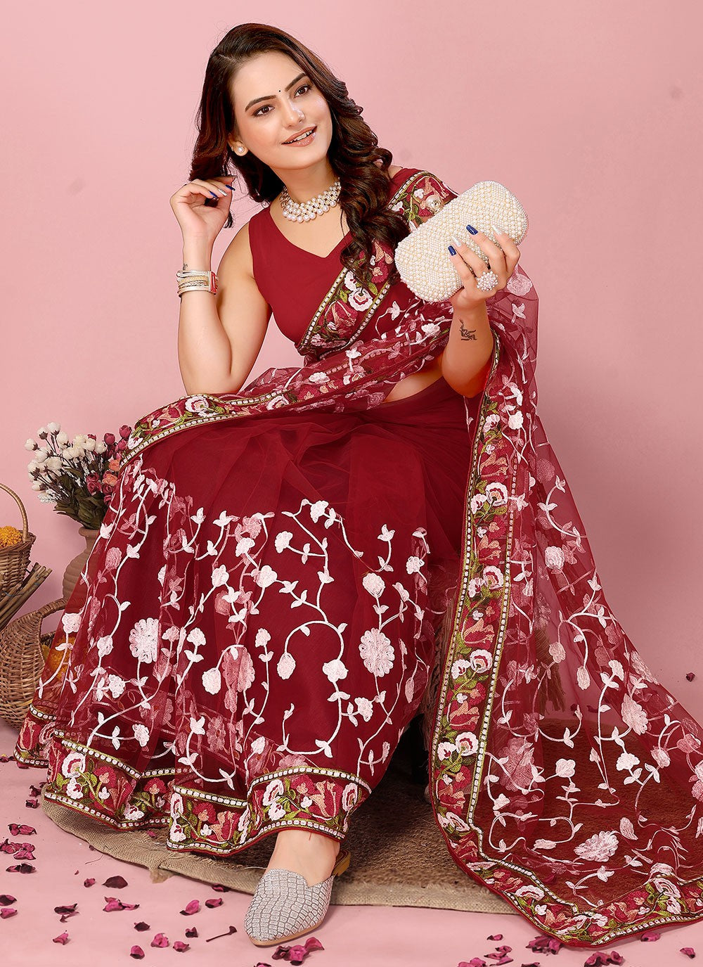 Classic Embroidered Net Saree - S6732