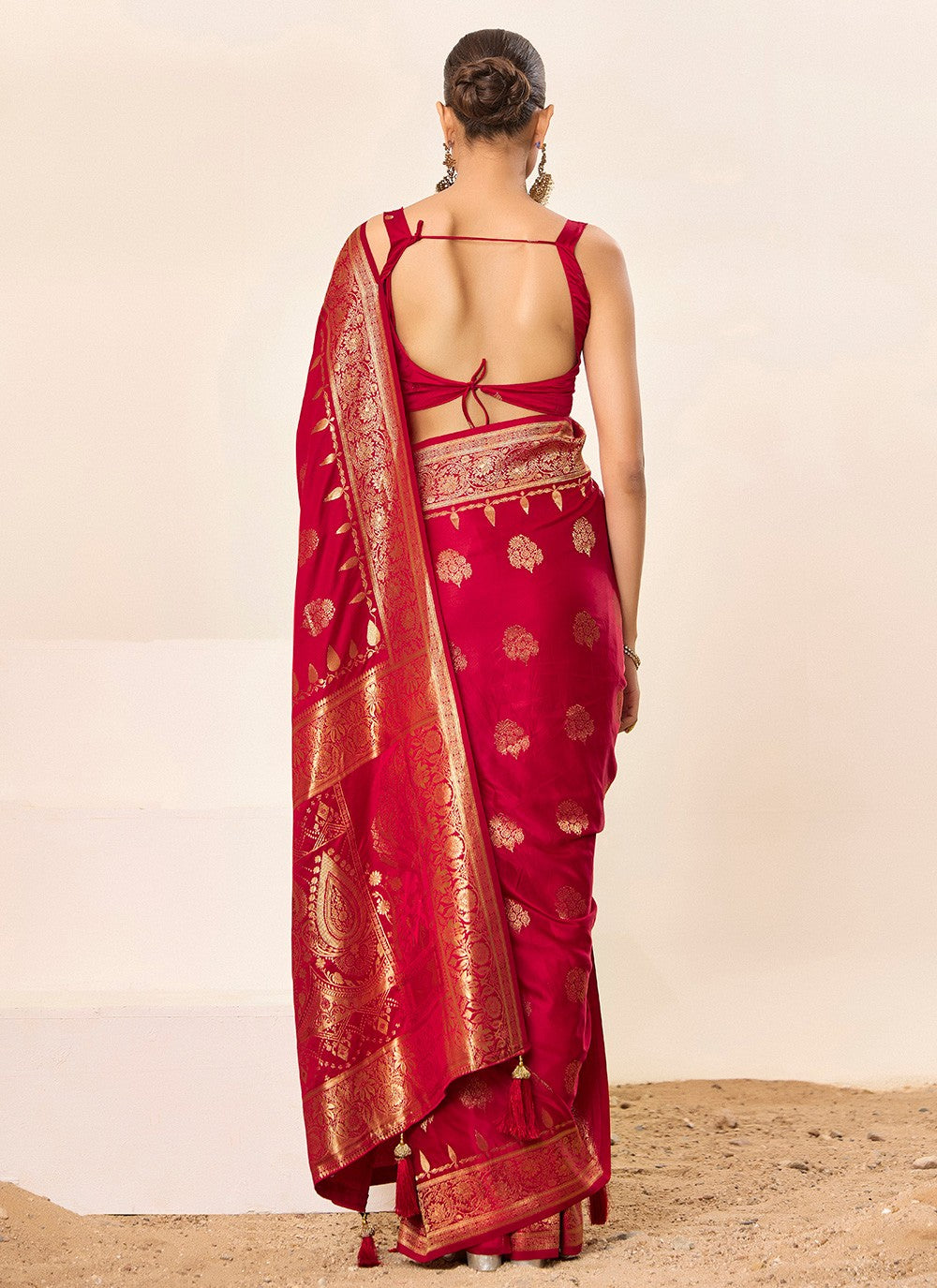 Red Satin Silk Trendy Saree Jacquard Work, Woven S16451