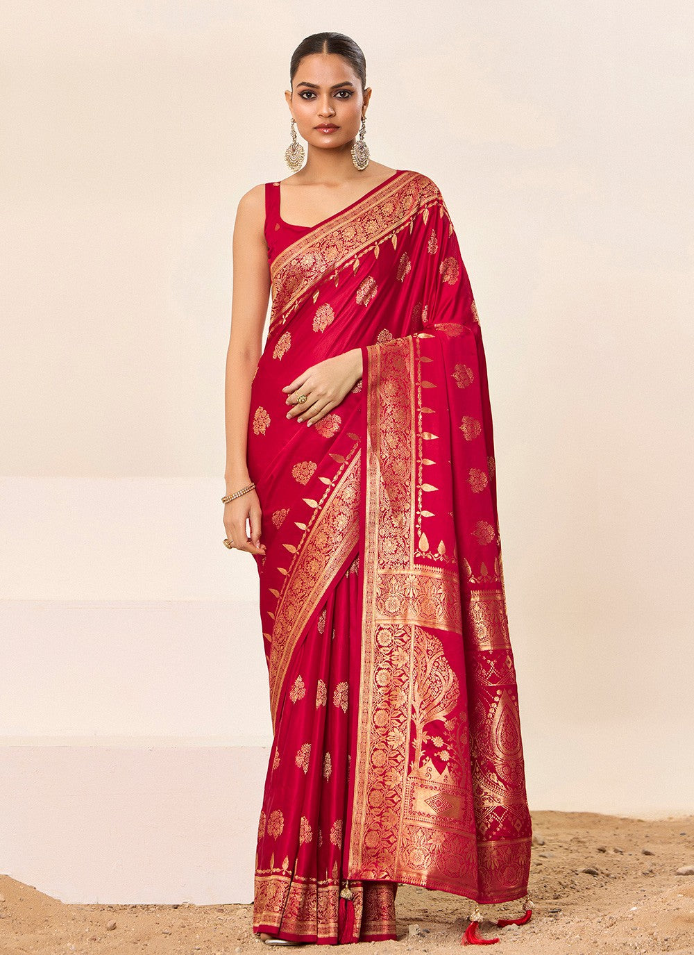 Red Satin Silk Trendy Saree Jacquard Work, Woven S16451