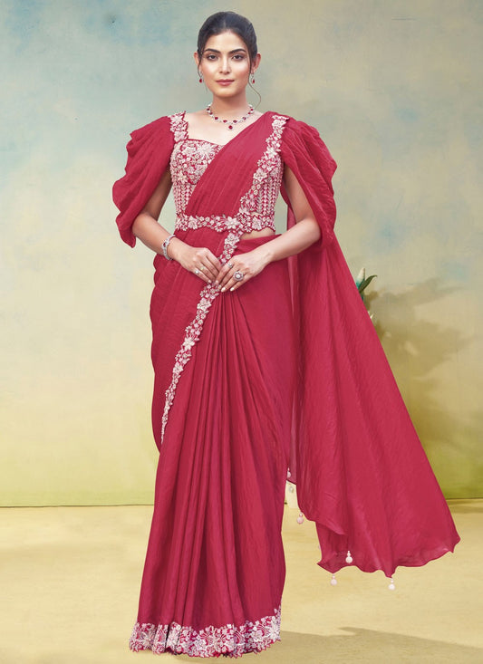 Red Satin Silk Classic Saree Embroidered, Sequins S19903