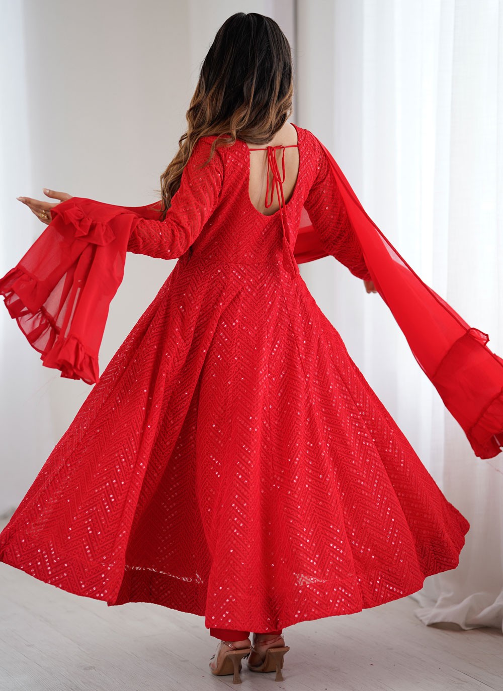 Anarkali Lucknowi Work, Sequins Red T8528