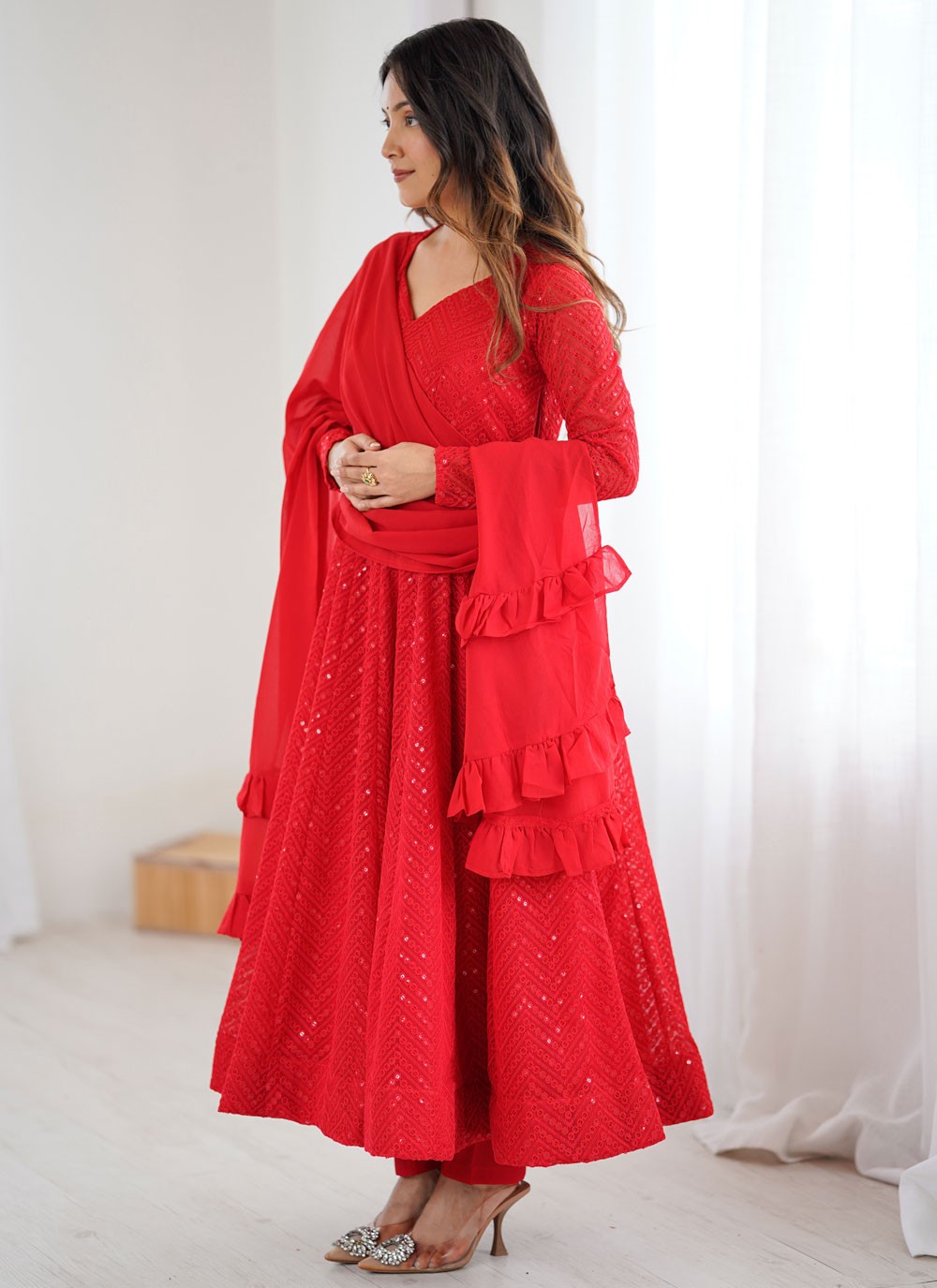 Anarkali Lucknowi Work, Sequins Red T8528