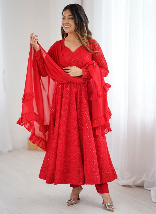 Anarkali Lucknowi Work, Sequins Red T8528