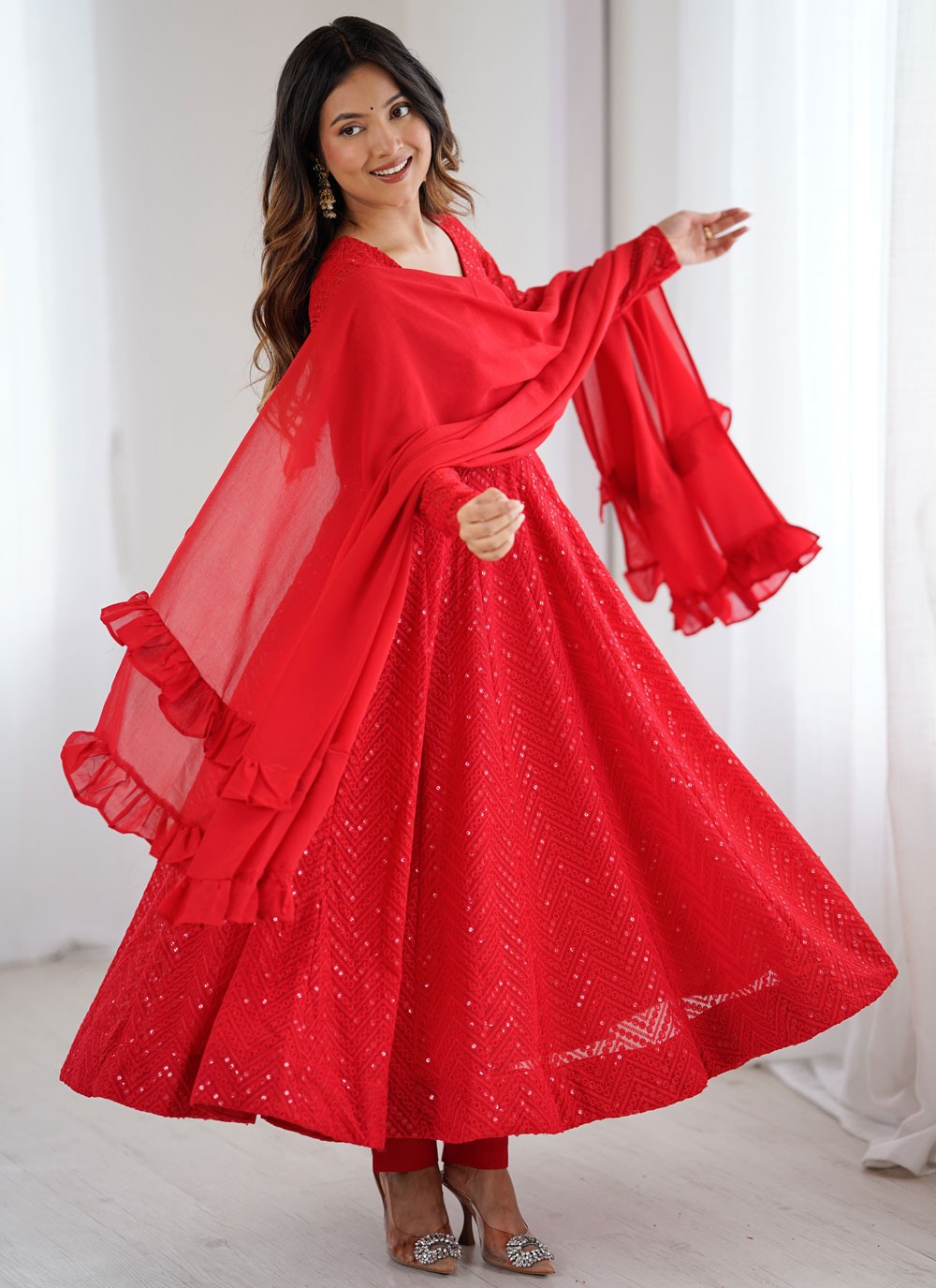 Anarkali Lucknowi Work, Sequins Red T8528