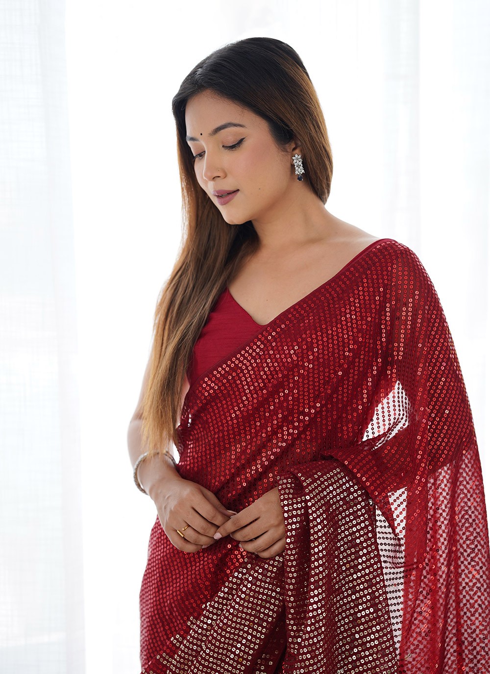 Classic Saree Embroidered Red Georgette S12407